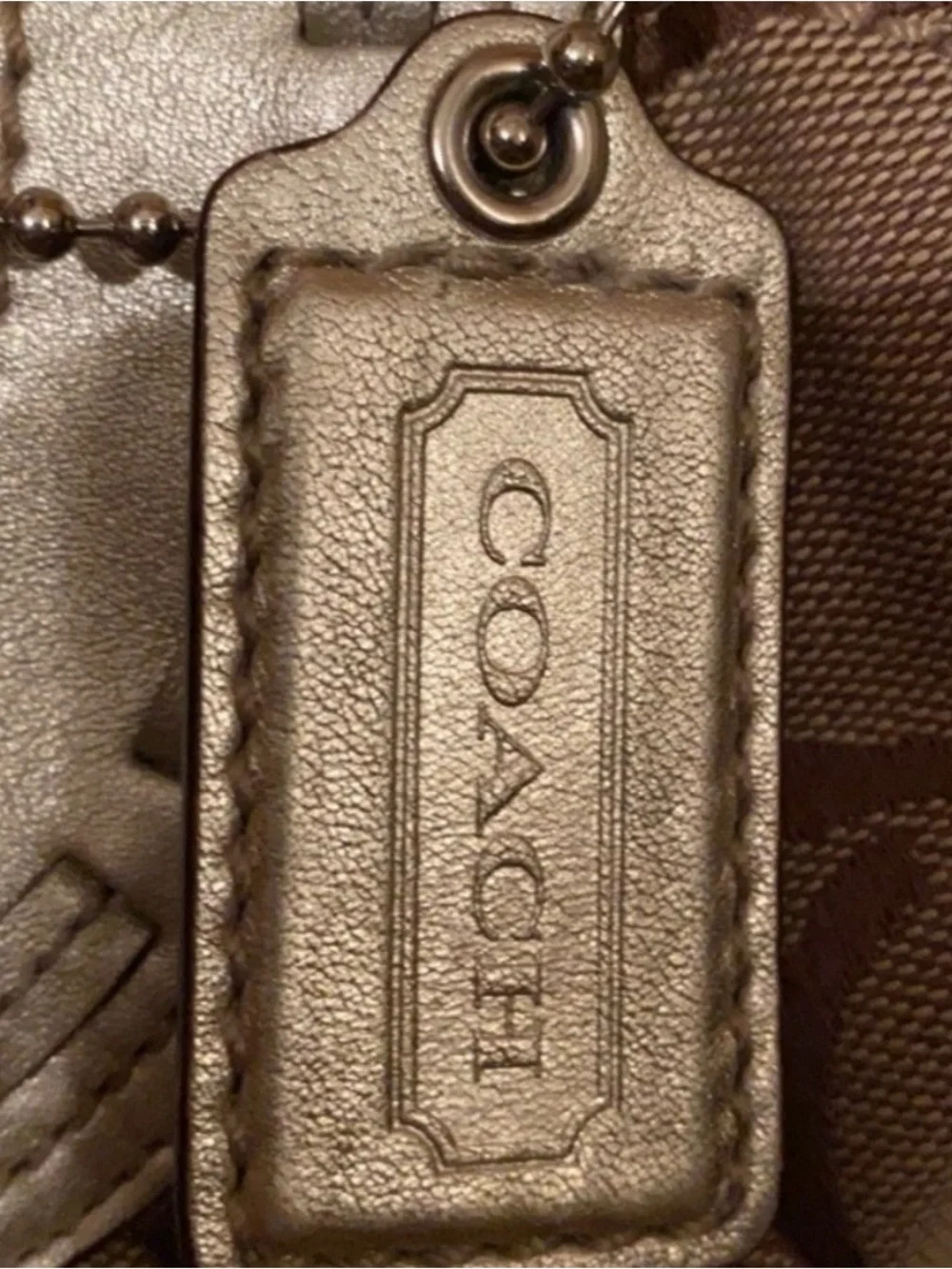 Coach Brown and Cream Signature Logo Tote with Metallic Trim
